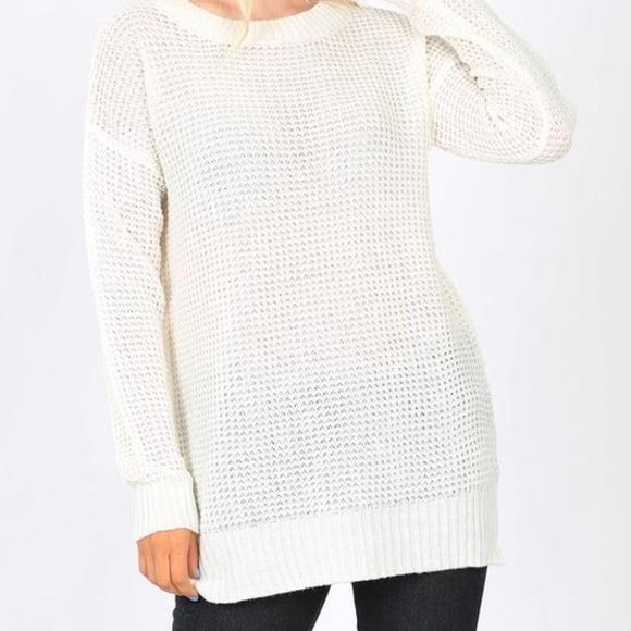 Zenana Outfitters Sweaters - LONG SLEEVE ROUND NECK WAFFLE SWEATER SIDE SLIT